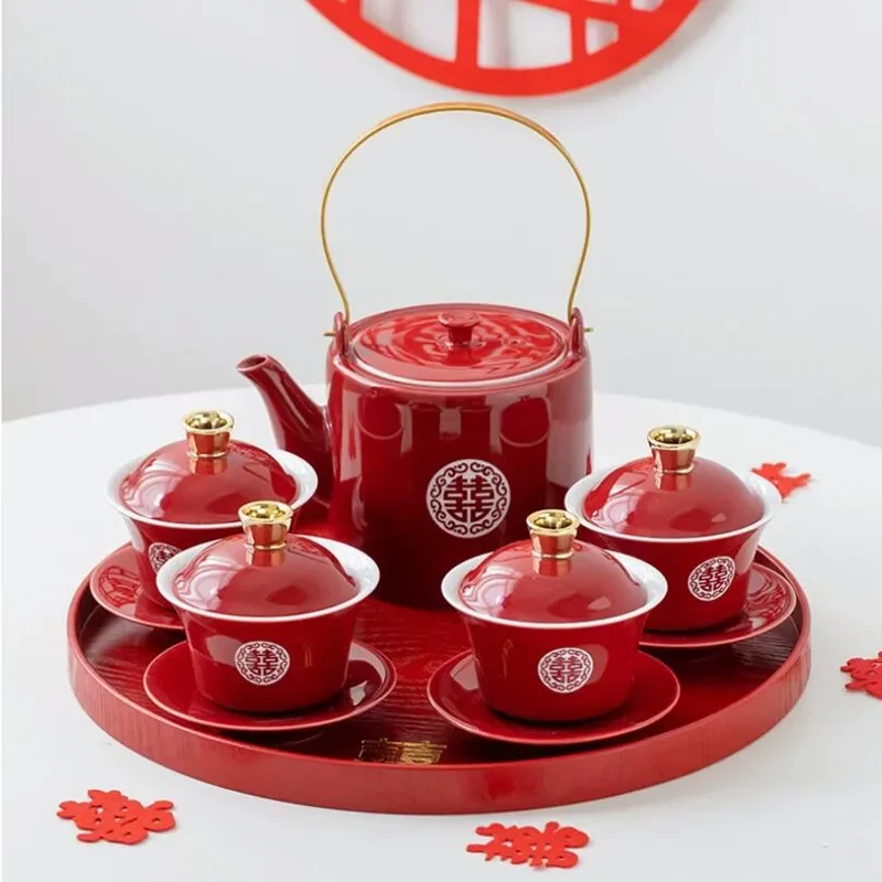 Chinese Red Ceramic Tea Set Gaiwan Teapot Round Tray Handmade Kettle Household Wedding Teaware Sets Accessories Luxury Gifts