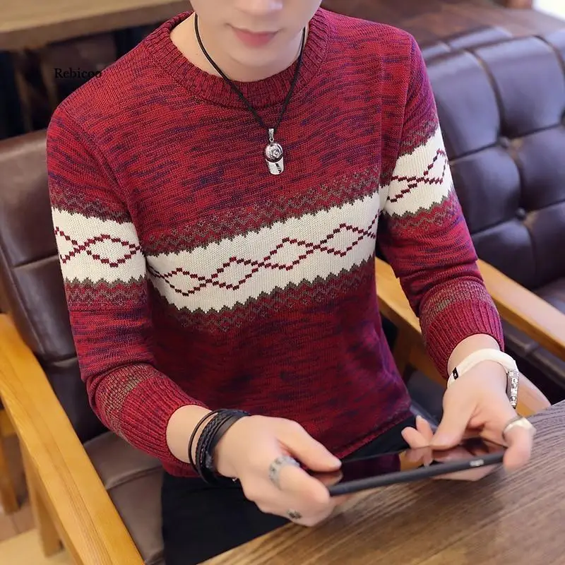 Korea Grey Sweaters And Pullovers Men Long Sleeve Knitted Sweater High Quality Winter Pullovers Homme Warm Navy Coat