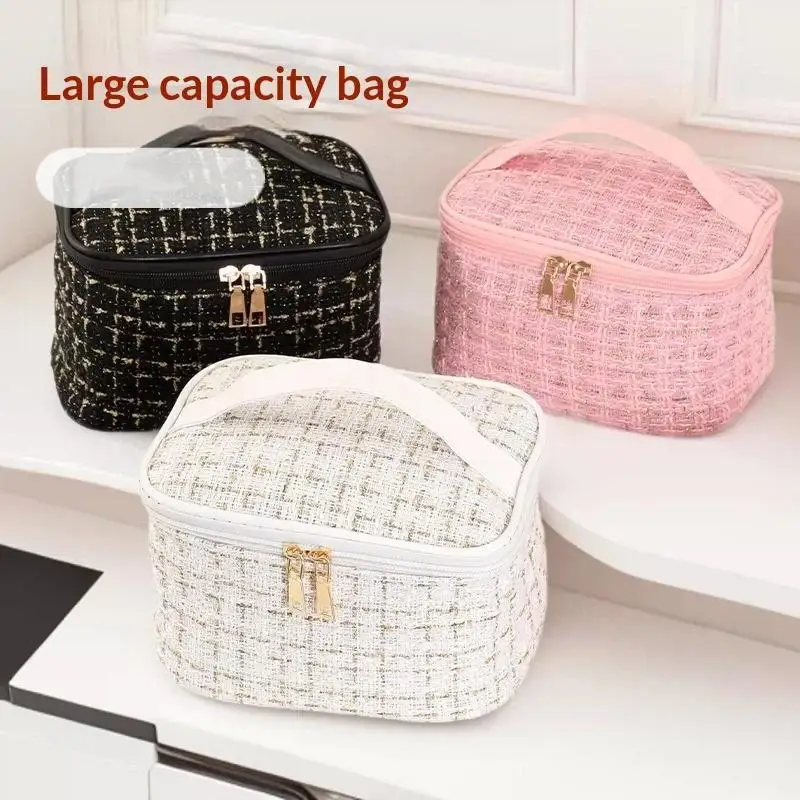 Large Capacity Portable Cosmetic Bag Smooth Double Zippers With Comfort Handle Travel Daily Toiletry Storage Organizer