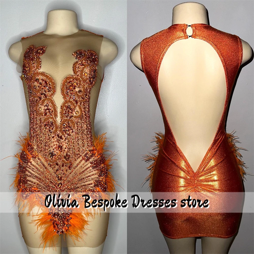 Evolulient-vestidos de graduación naranja sin espalda para niñas, de lujo, negro, con cuentas de diamantes de imitación, plumas, fiesta de cumpleaños, personalizado, 2025