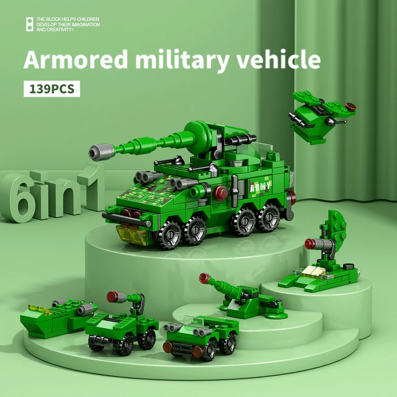 DIY 6 In1 Building Blocks Kit Track Robot Aircraft Carrier Helicopter Truck Tank Mortar Missile Armored Vehicle Bricks Model Toy