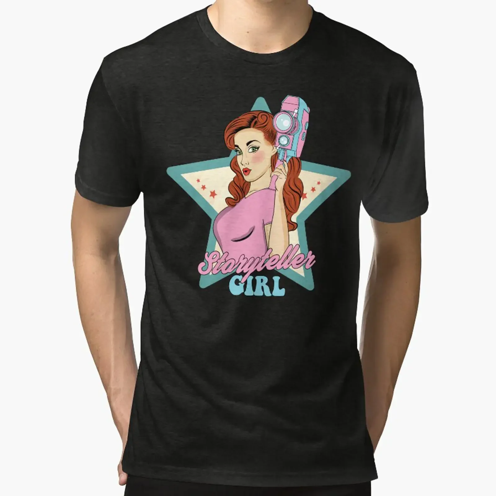 Filmmaker Girl Cartoon Art Tri blend T Shirt vintage Washed Casual Comfortable streetwear Versatile fashion Stretched homme