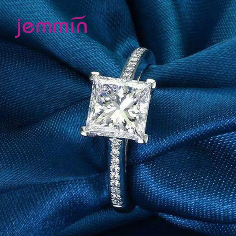 Popular Square Geometric Charms Rings Fine 925 Sterling Silver Full CZ Crystal Inlay Paved Women Wedding Engagement Bague
