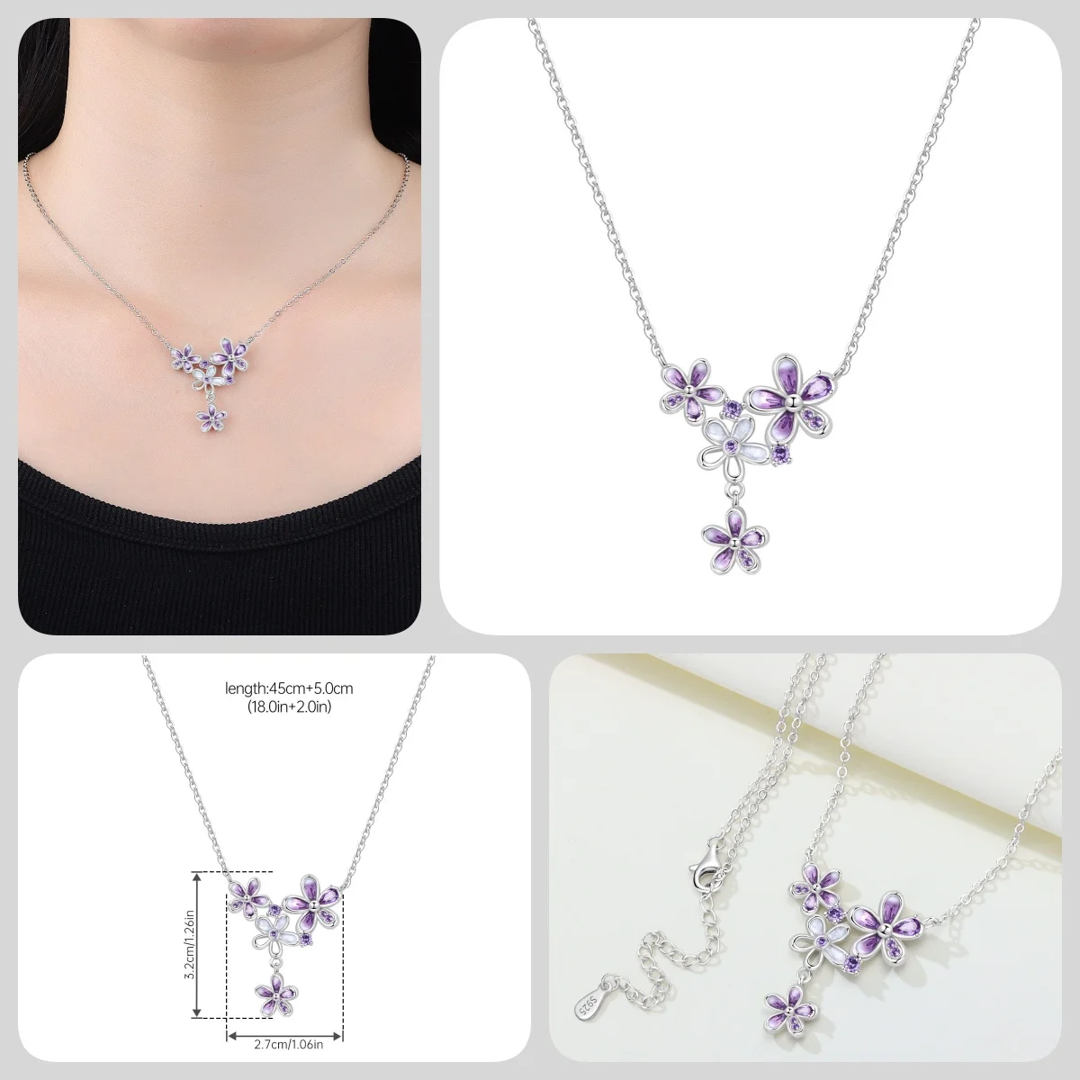 Orstarry S925 Sterling Silber Schmetterling-Blumen-Ohrringe und Halsketten-Set, Exquisites Herz-Hänge-Schmuckset für Damen, Party-Geschenk – Detail 6