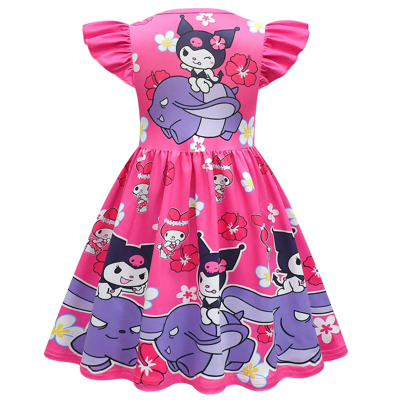 Summer New Clothes Girl\'s Dress Cartoon Print Dress Kuromi Princess Flying Sleeves A-line Dress Cotton Children\'s Clothing