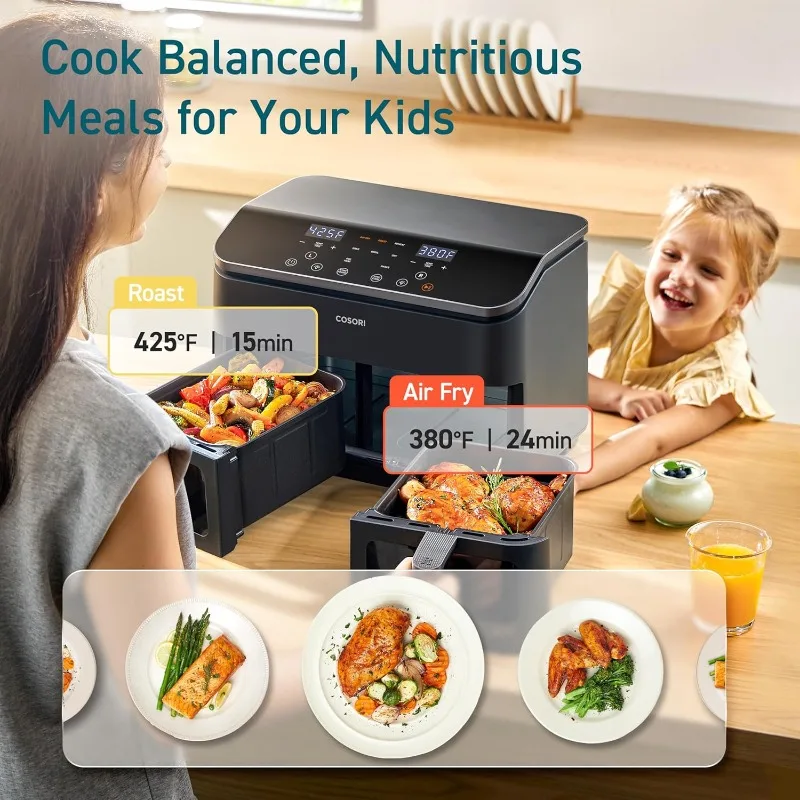 10-in-1 Dual Air Fryer, Fresh Balanced Meals for Family and Children with Double Baskets, Sync Cook & Finish to Bake,