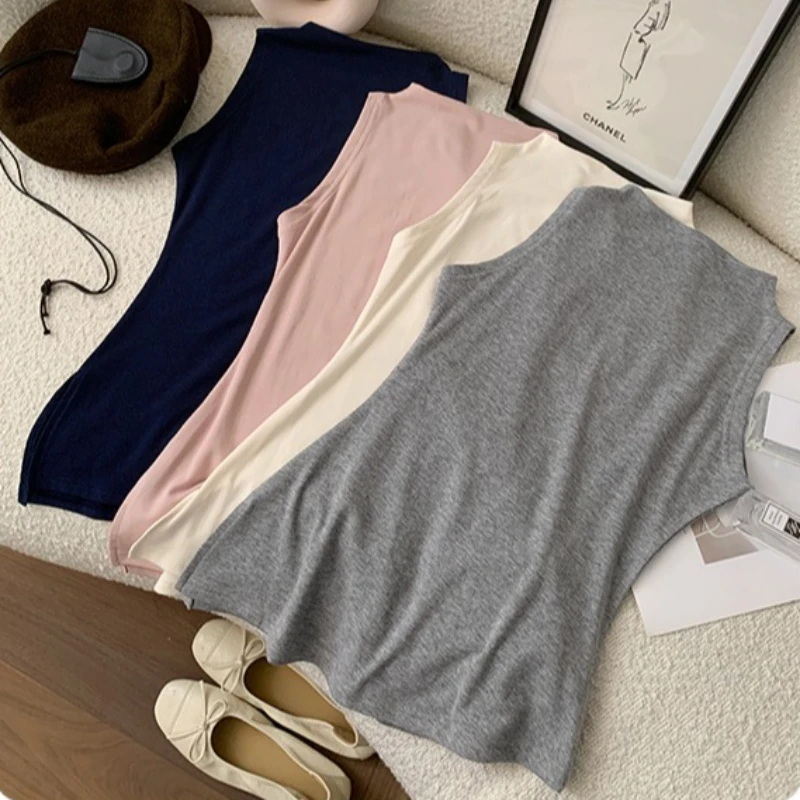 Korean 2026 Summer Asymmetric Mock Neck Women Tank Top Unique Figure Flattering Waist Cinch Slim Sleeveless Solid Color Camis