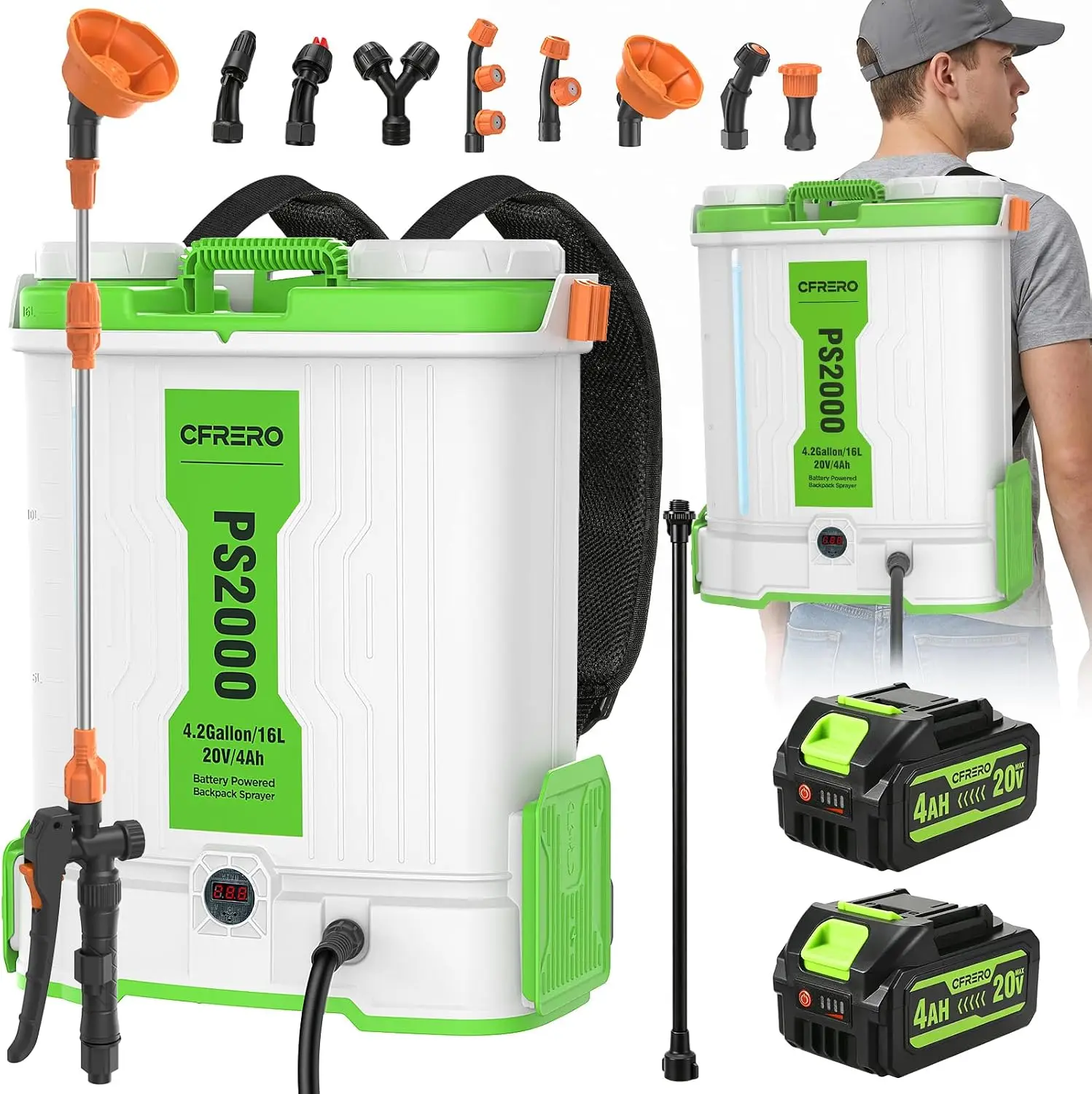 Backpack Sprayer Battery Powered 4.2 Gallon Electric Pump Dual 20V 4Ah Batteries Padded Straps 120 PSI 2 Spray Wands 8 Nozzles Y