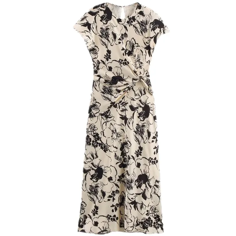Ele Spring 2025 Damska Sukienka Midi z Jedwabiu Satynowego z Nadrukiem, Wszechstronna, Modna, Wygodna, Jednoczęściowa, Wysoka Jakość