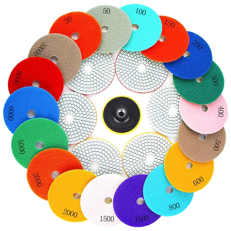 

4 Inch Diamond Polishing Pads with M10 Backer Pad, 18PCS 30-10000 Grit Wet/Dry Polish Pad Kit for Drill Grinder Polisher