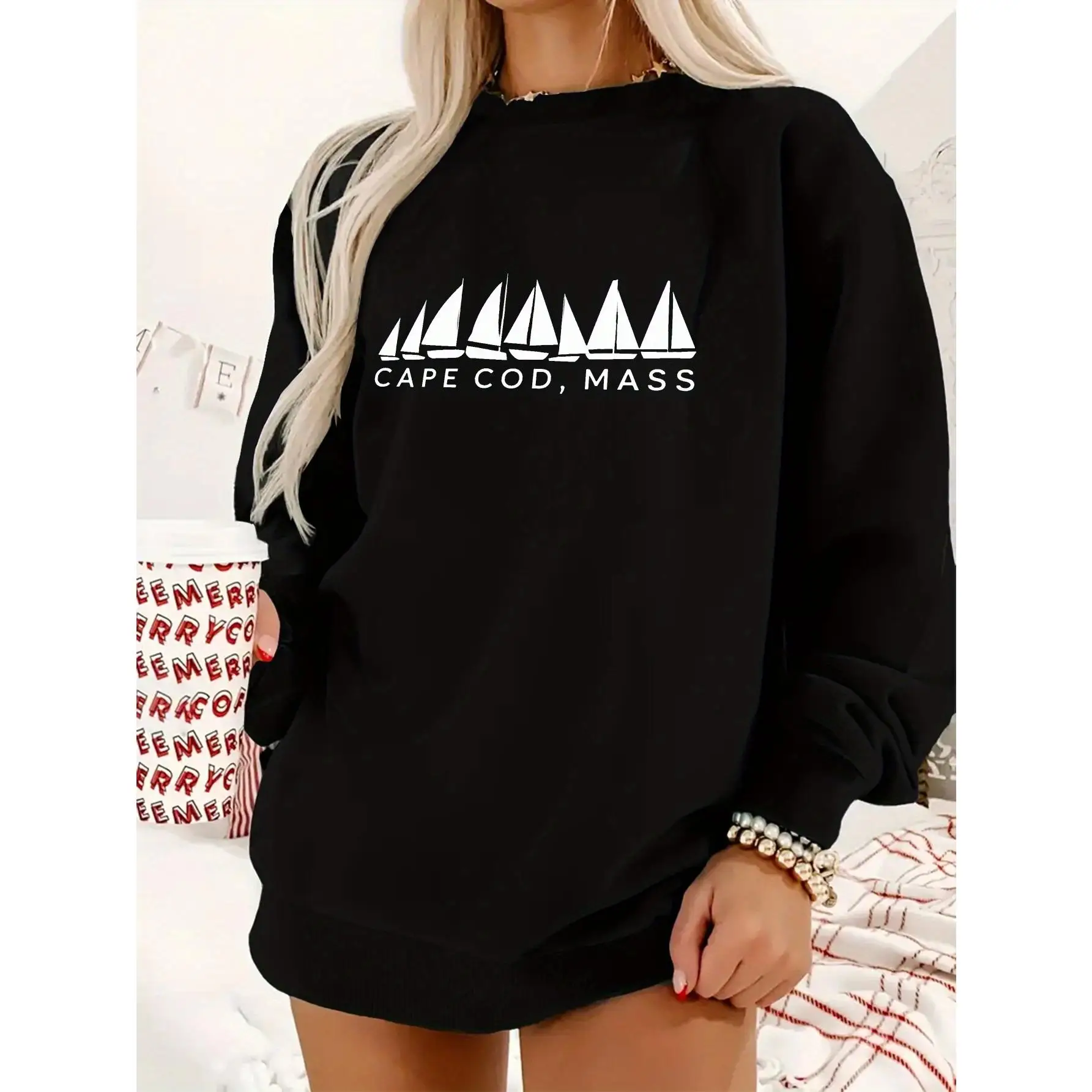 

Oversized Cape Cod Massachusetts Sailboat Graphic Sweatshirt, Nautical Crewneck Pullover Top for Women, Beach Vacation Souvenir