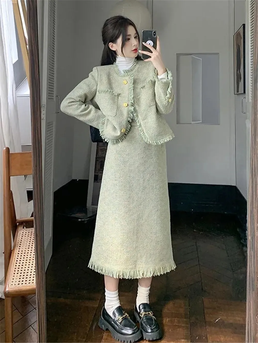 

Temperament Elegant Green Sets Retro Tassel Tweed Short Jacket Long Sleeve Cardigan Coat +Split Long Skirt Two Piece Suit Chic