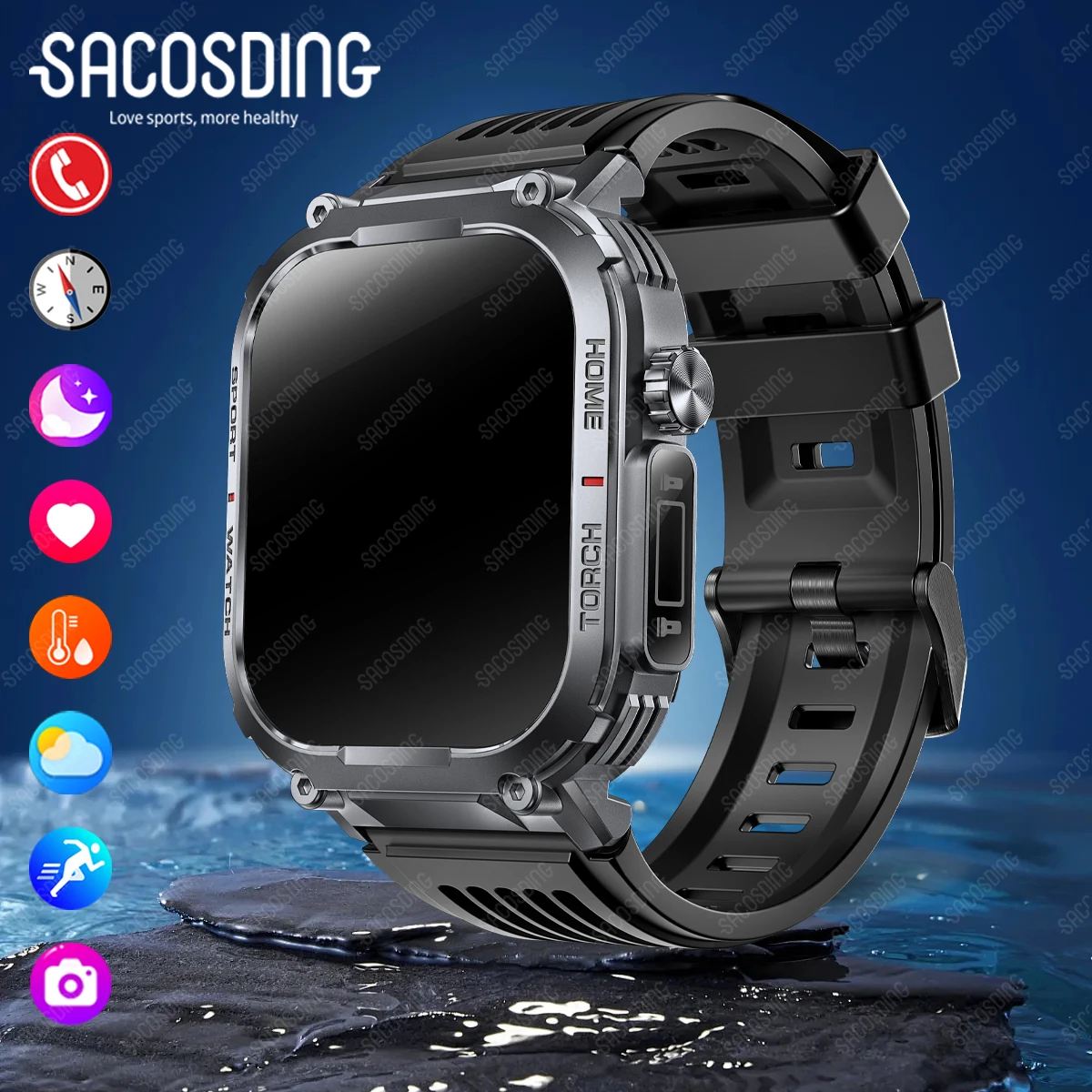 New Strong Flashlight Smart Watch 3ATM Waterproof Clock Men Outdoor Sports Blue Tooth Call Smartwatch Men Compass Health Monitor