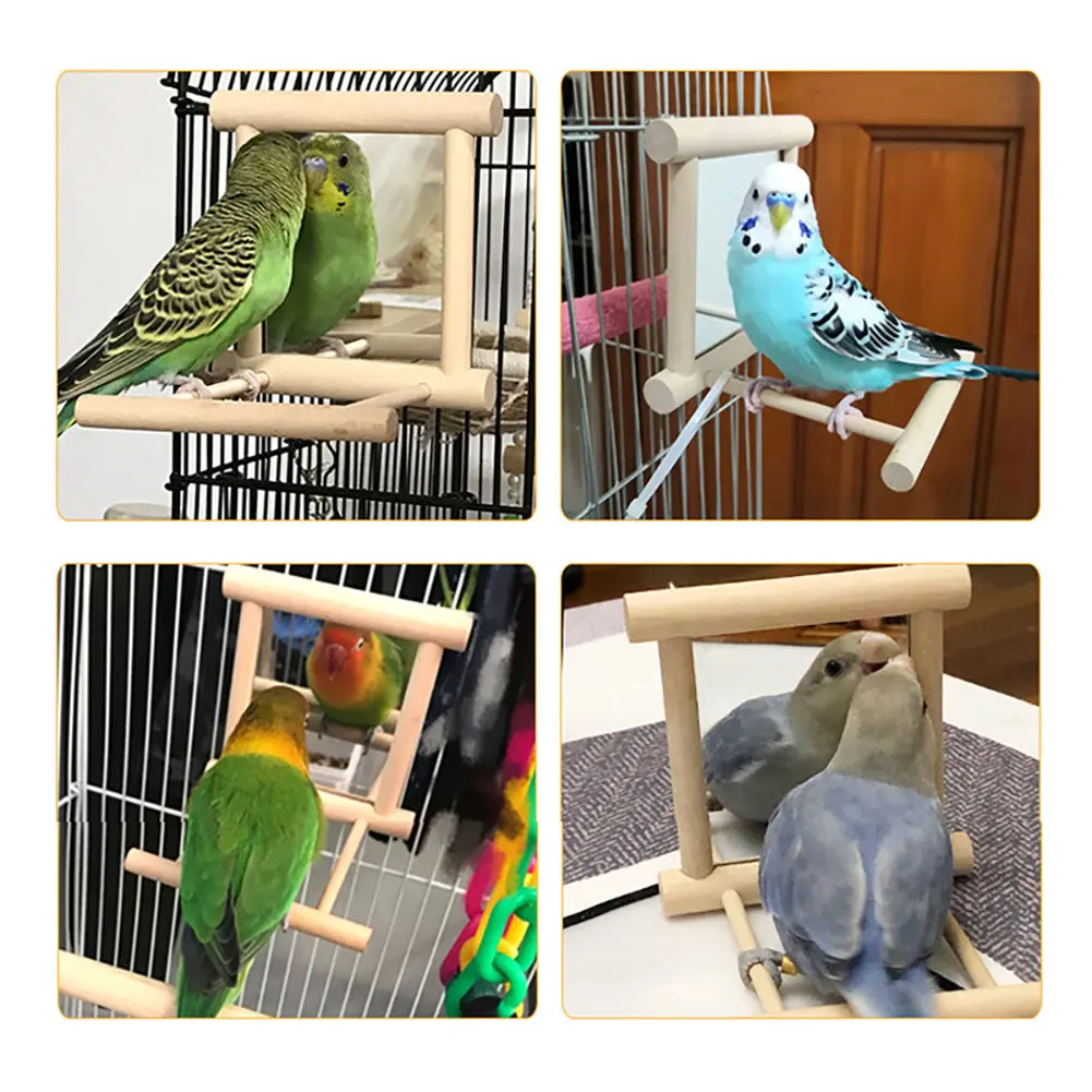 Espejo de madera para pájaros, juguete interactivo con perca para loros pequeños, periquitos, cacatúas, accesorios para jaula