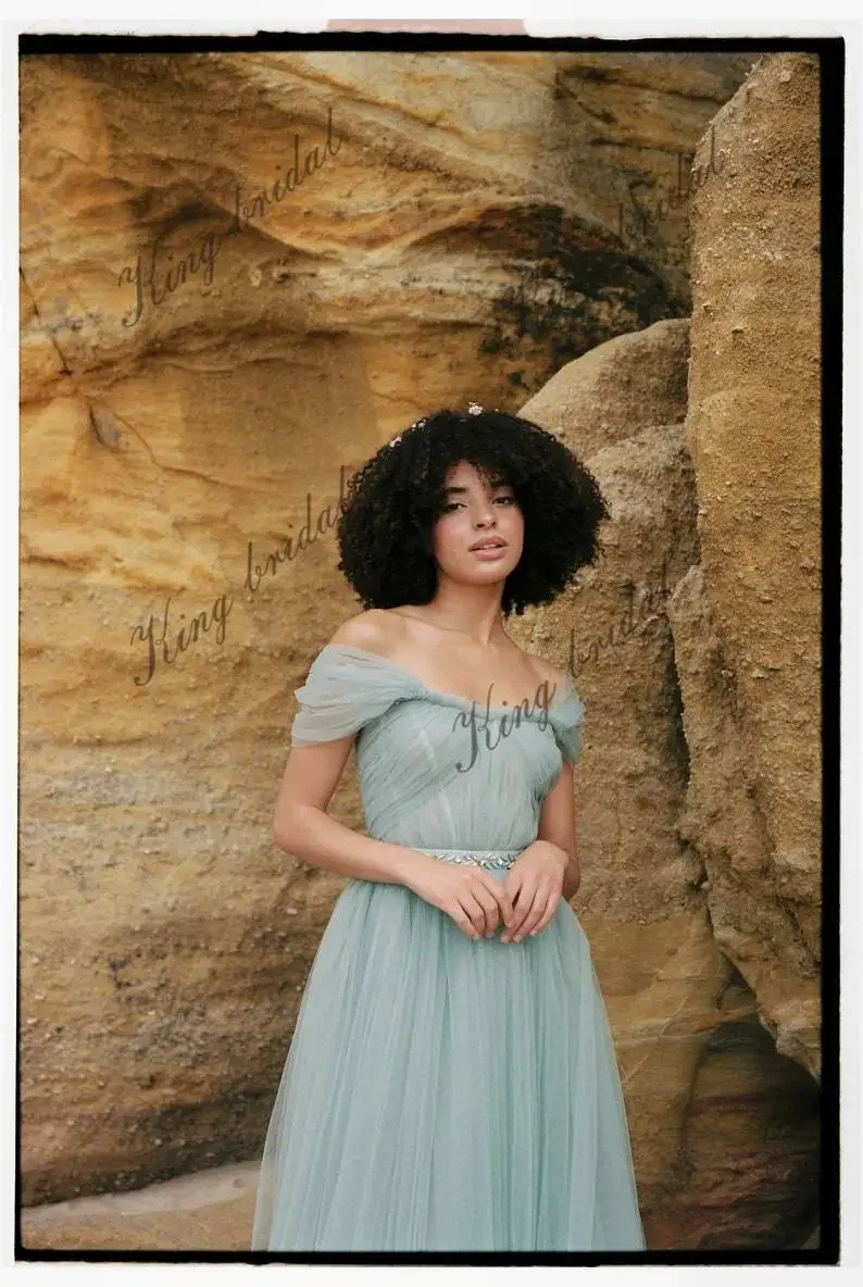 A Line Wedding Gown Elegant Dress Women for Wedding Party Evening Prom Dress Green Long Dress Tulle Off-shoulder Wedding