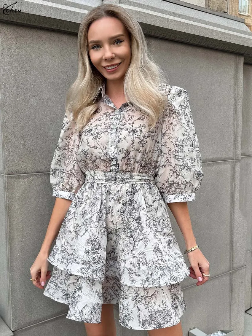 Oymimi Fashion Grey Print Womens Dresses Elegant Turn-Down Collar Half Sleeve Button Dresses Casual High Waisted Mini Skirts Set