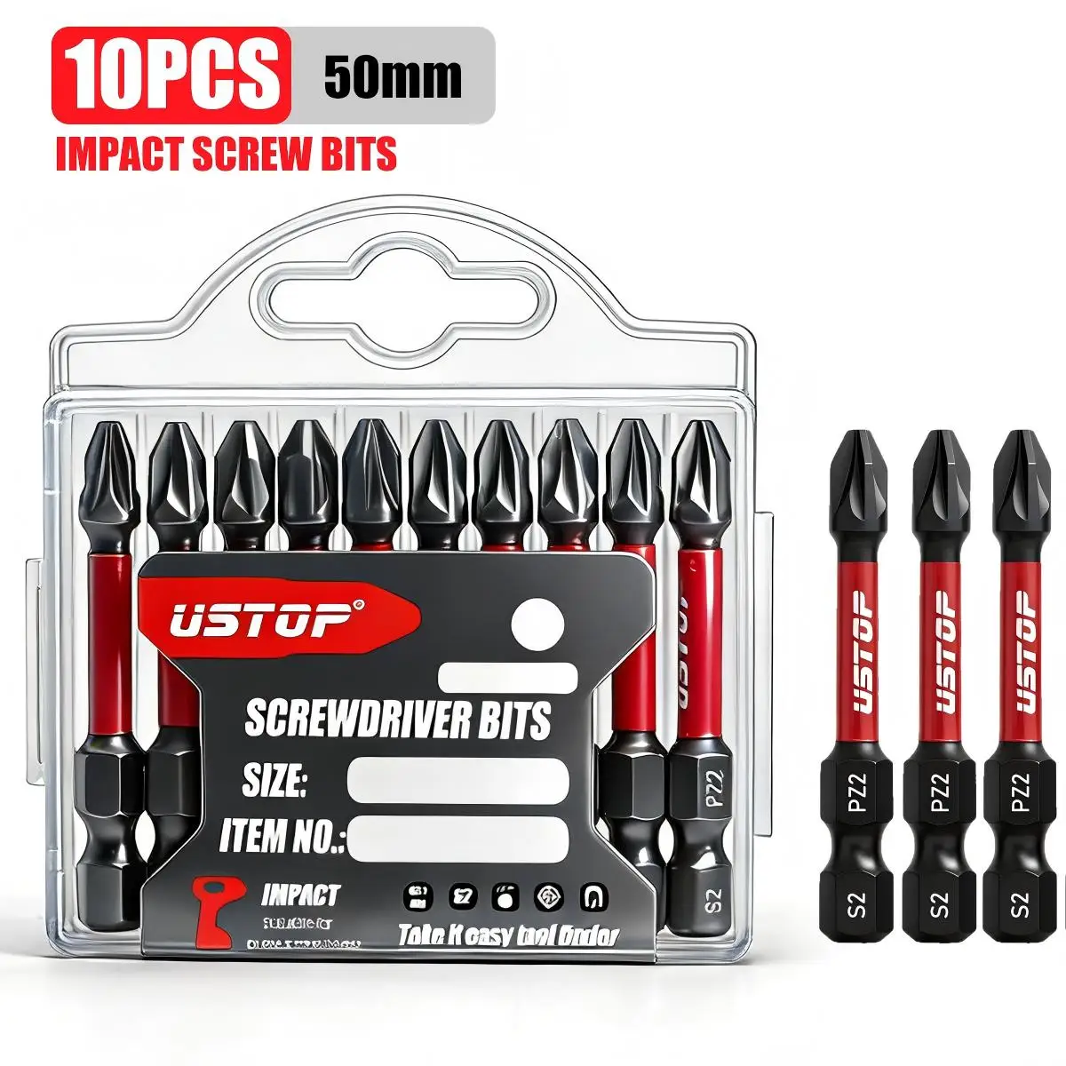 High-Strength S2 Alloy Steel Pz 2m Impact Bits 10-Piece Set 50mm High Hardness Magnetic Bits Anti-Twist Anti-Slip Industrial-Grade Repair Tools