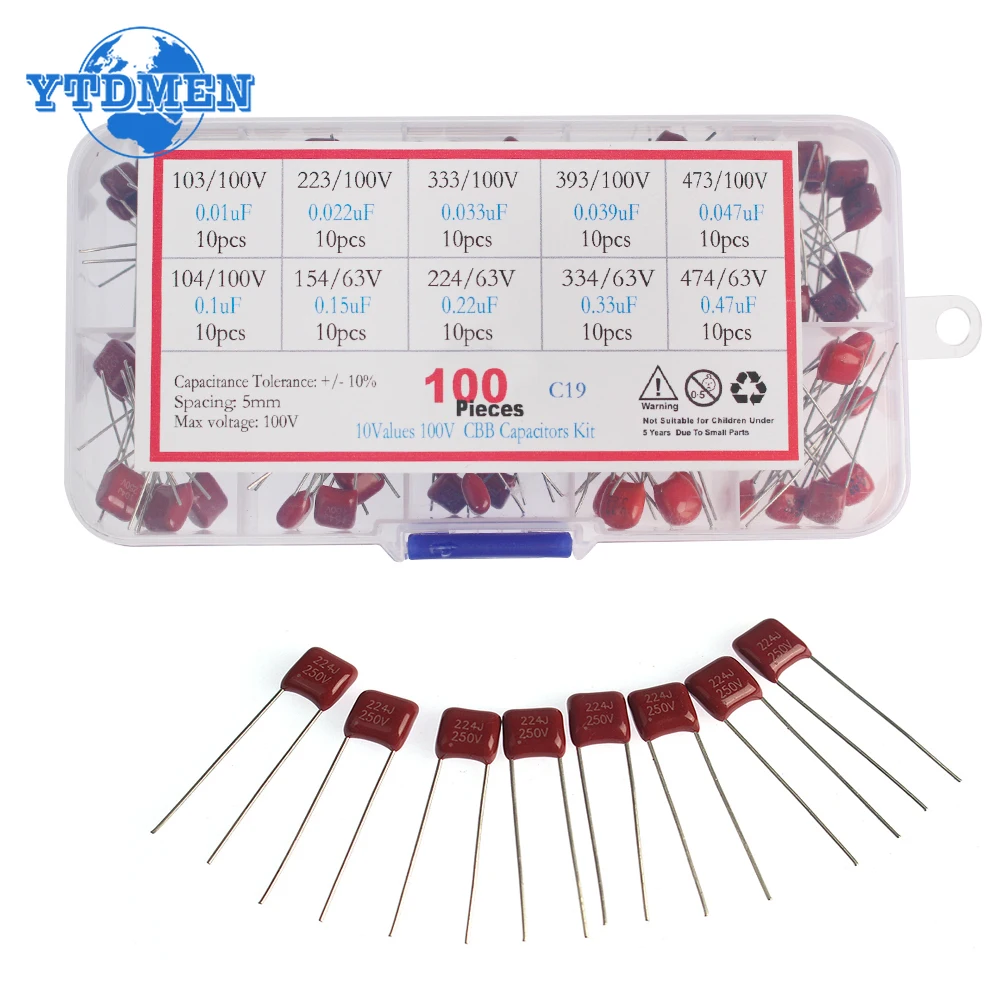 100pcs CBB Assortment Kit Capacitor 63V 100V 10nF~470nF Polypropylene Film Capacitor 10nF 22nF 33nF 47nF 100nF 220nF 330nF 470nF