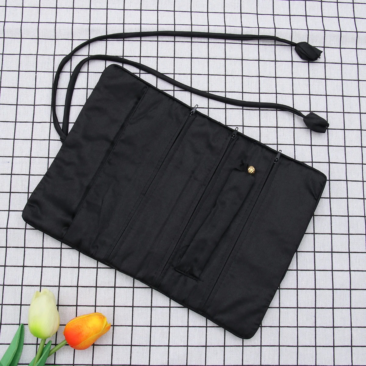 

Handmade Embroidered Jewelry Roll Bag Storage Pouch Floral Brocade Jewellery Organizer Tie Closure For Travel Earrings