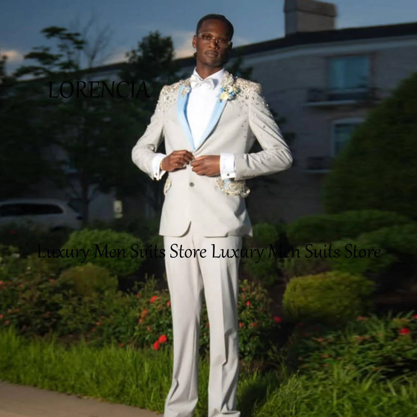 Traje de Hombre Brillante con Adornos Hechos a Mano, 2 Piezas, Esmoquin con Solapa de Pico para Baile de Graduación, Boda, Gala y Eventos Formales, Terno Masculino Completo