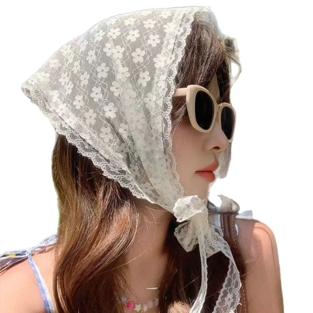 Casual Vintage Lace Flower Hair Scarf Shawl Cute Thin Sweet Headscarf Chic Style Bohemian Bandanas for Women Pastoral Style