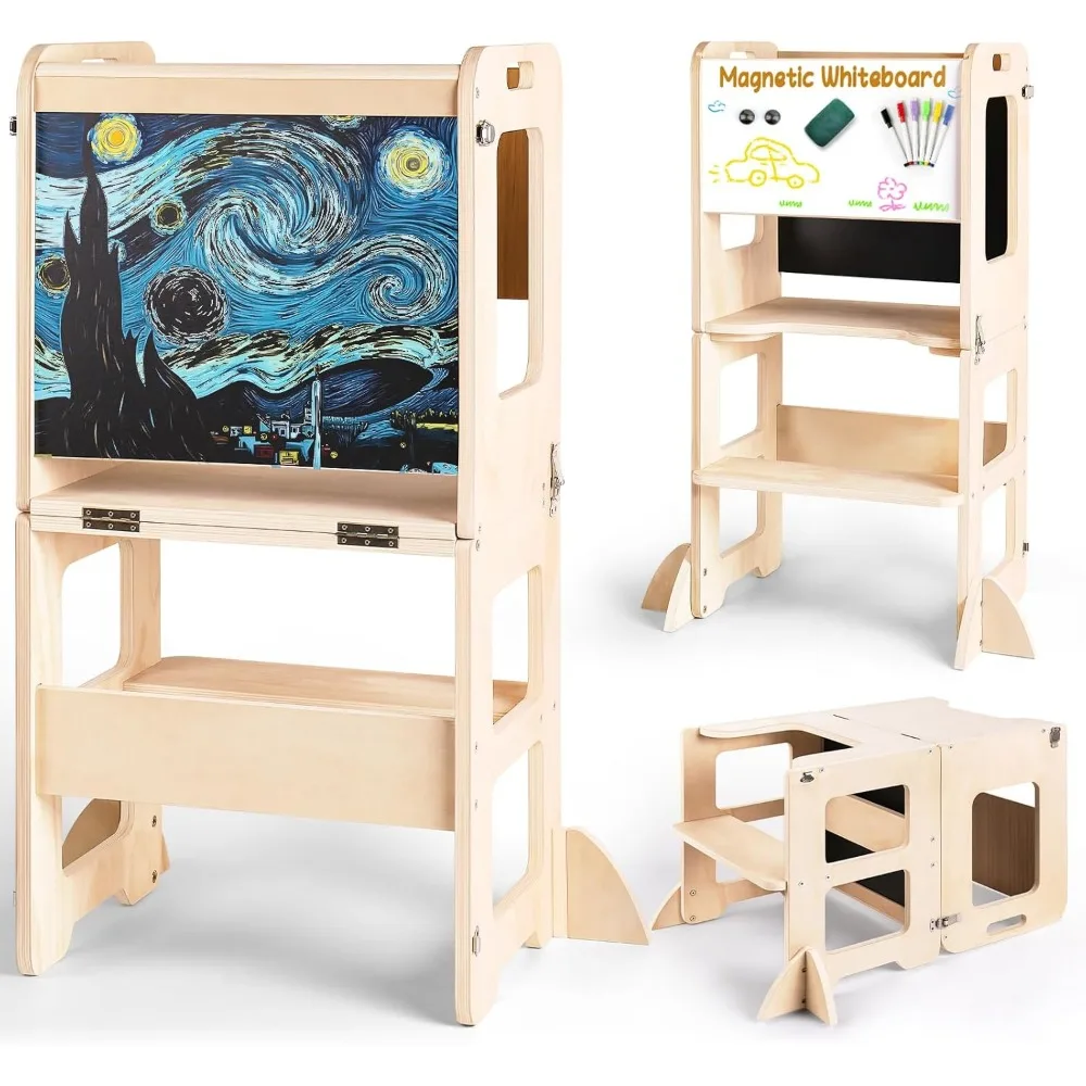 

4-in-1 Toddler Kitchen Step Stool, Foldable Learning Standing Tower with Chalkboard and Whiteboard, Wooden Kitchen Stool Helper