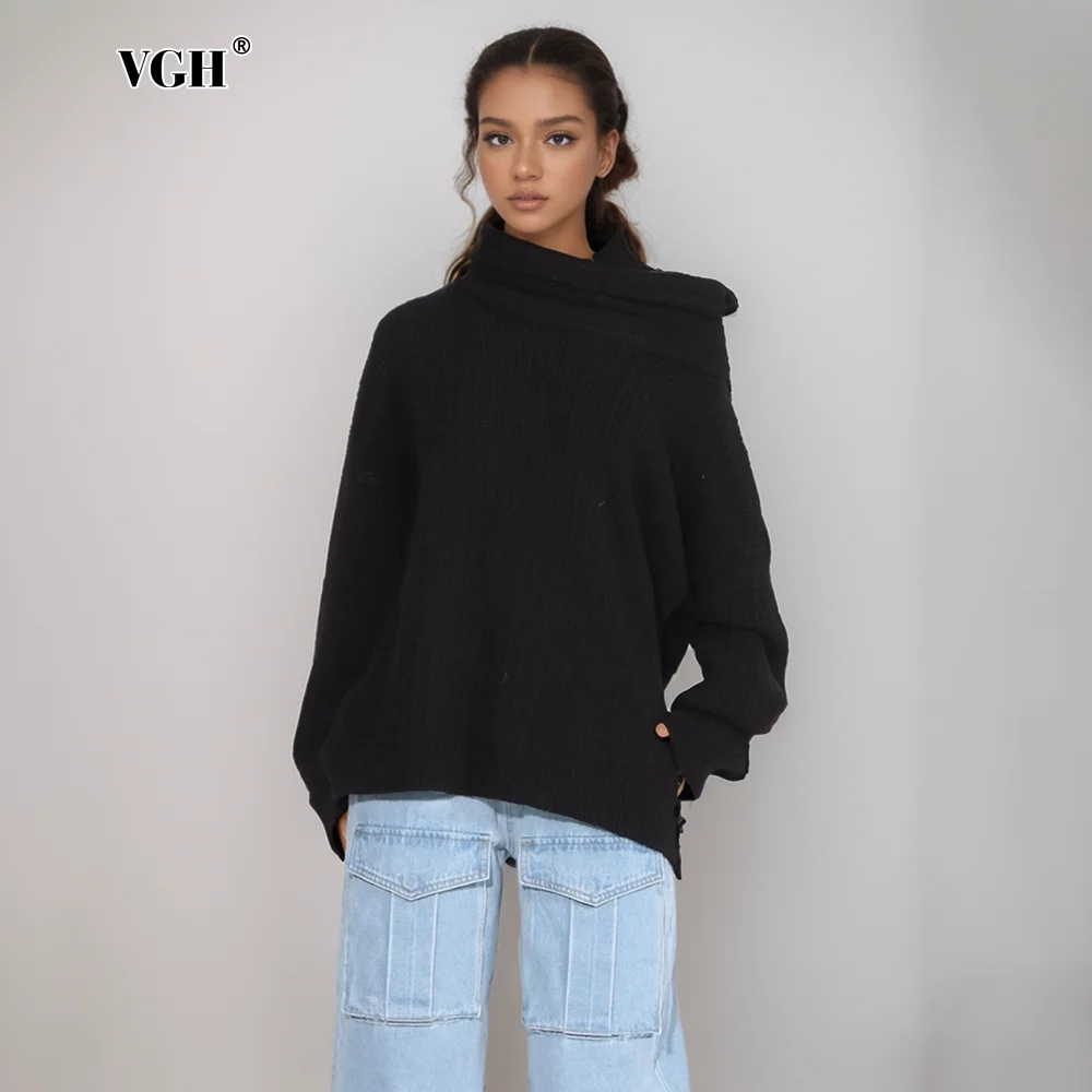 VGH Knitting Minimalist Loose Casual Sweaters For Women Diagonal Collar Long Sleeve Off Shoulder Pullover Sweater Female Style