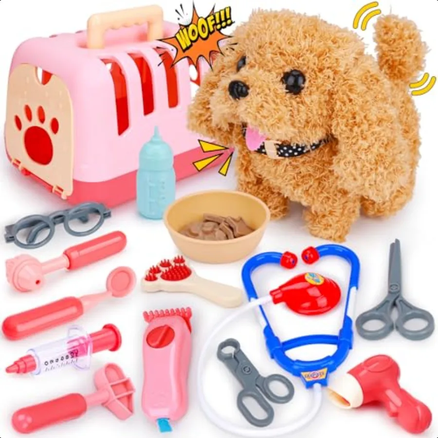

Tsomtto Interactive Dog Toy Walking Barking Veterinarian Playset for Puppy Stuffed Animal with Carrier Accories Pretend Play To
