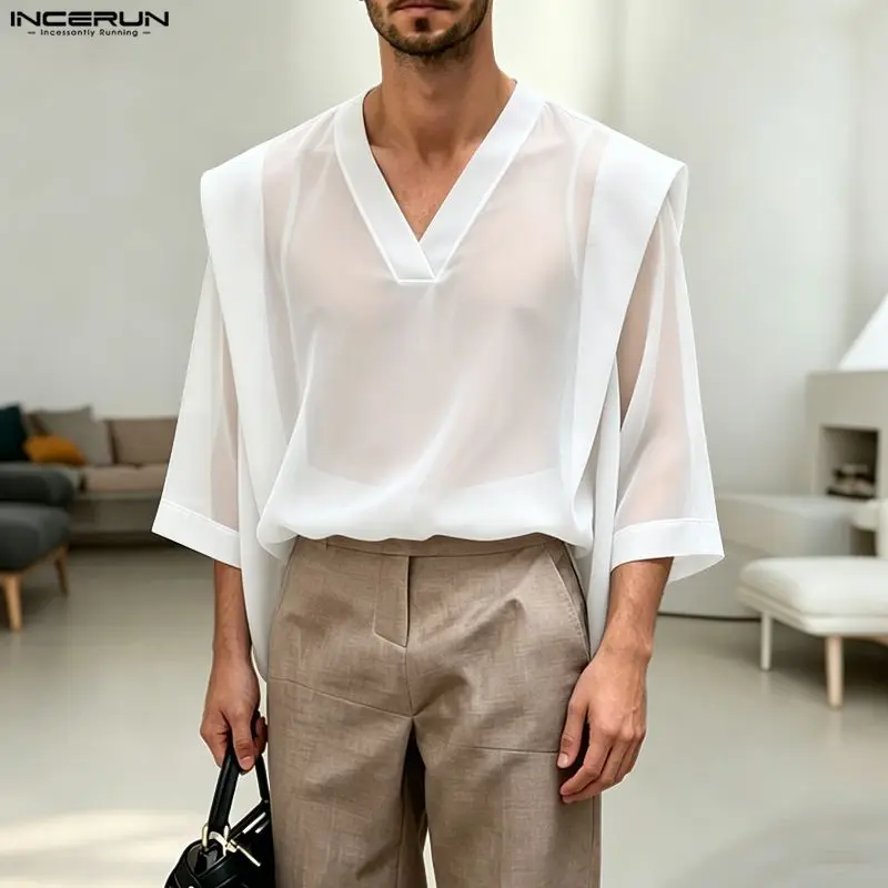 INCERUN Men's T Shirt Solid Color See Through V Neck Half Sleeve Tee Tops For Man Camisetas Streetwear Sexy Fashion Men Clothes
