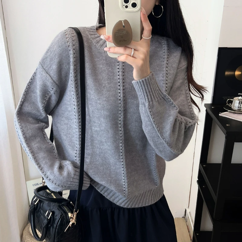 

Women Sweaters Knit Long Sleeve Round Neck Spliced Spliced Casual Pullovers Jumpers Straight Elegant Lady Basis Autumn 2025