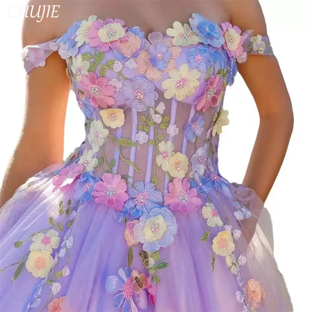 Applique Flowers Women Prom Dress Evening Dresses Summer Beach Wedding Party Gowns A Line Customized Celebirty Birthday Dress