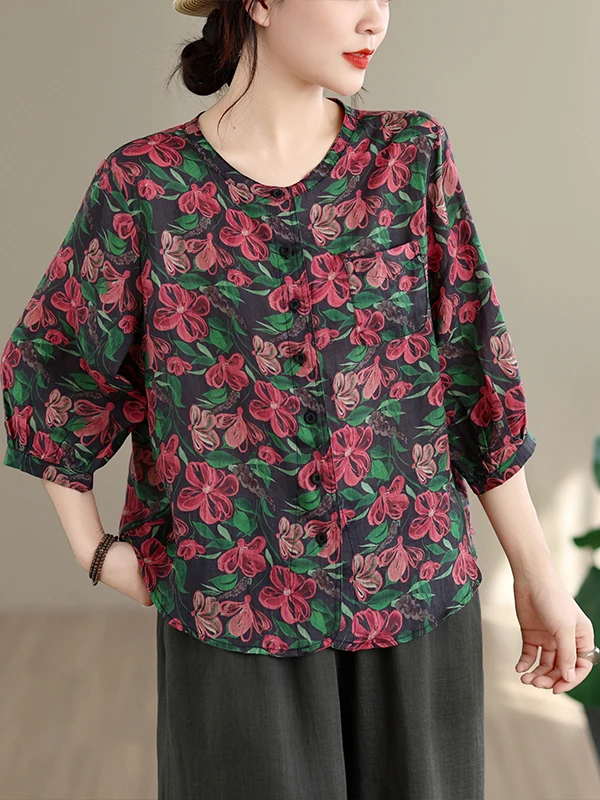 

Retro Floral Print Short Sleeve Women's Shirt Casual Loose Style Summer Top Button up Casual Small Shirt Female Fashion