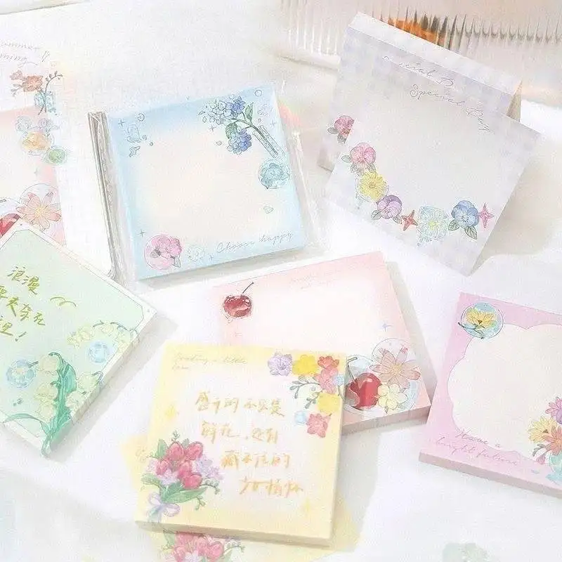 Four Seasons Floral Adhesive Sticky Notes, Ins Cute Dreamy Glitter Notepad, High Aesthetic Memo Pads for Study Journaling Statio