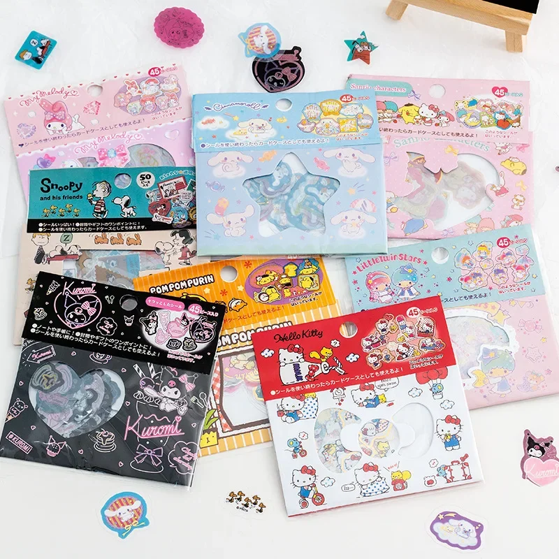 Hello Kitty Cartoon Stickers Pompompurin Little Twin Stars DIY Handbook PVC Transparent Hot Stamping Sticker Pack Material