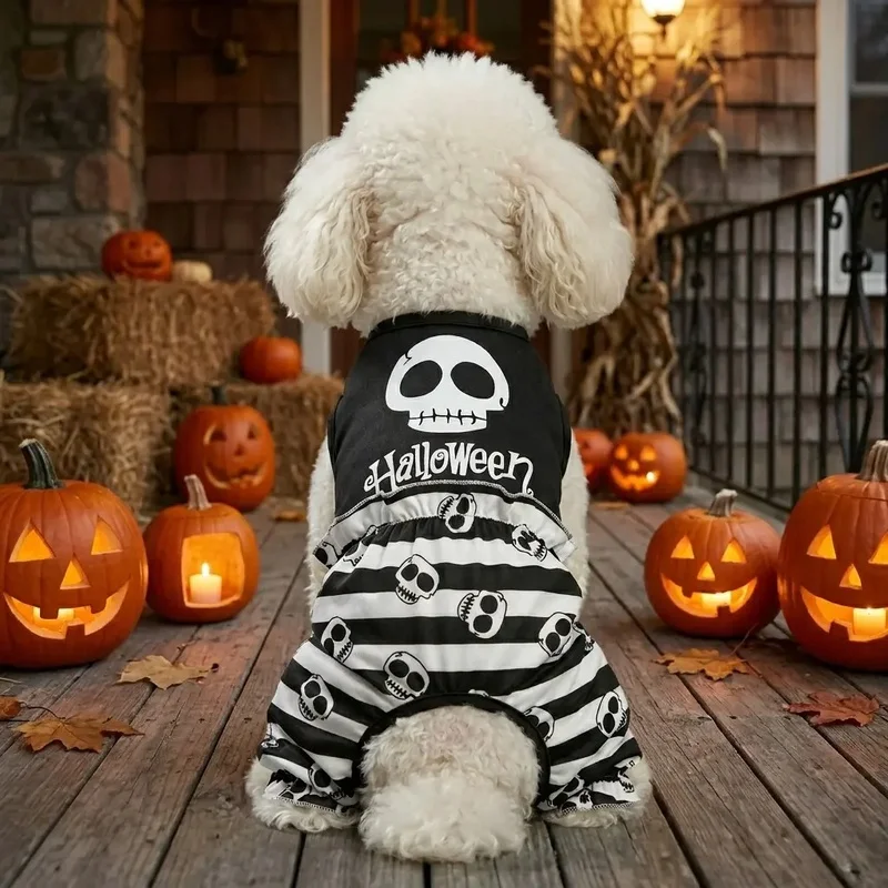 Halloween Skull Dog Four Leg Jumpsuit Sleeveless Black Skull Print Puppy Bodysuit Pet Onesie Clothes For Small Medium Dogs Cats