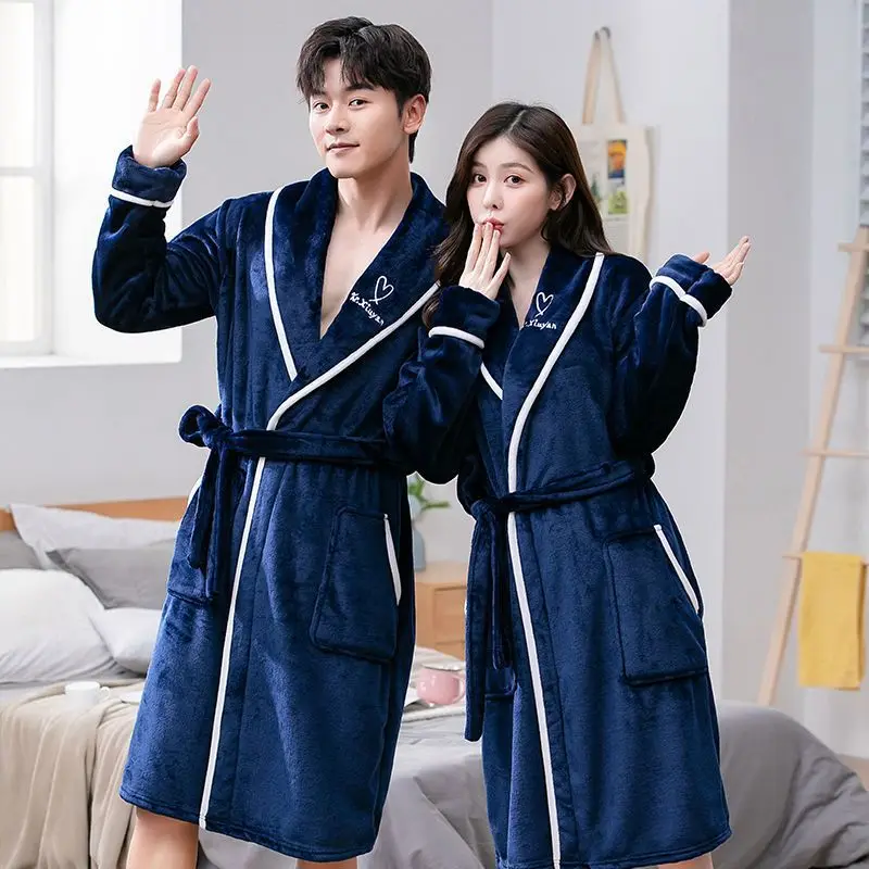 Plus Size Flannel Couple Robe Sleepwear Autumn Winter Thickened Coral Fleece Nightwear Bathrobe Loose Casual Homewear Loungewear