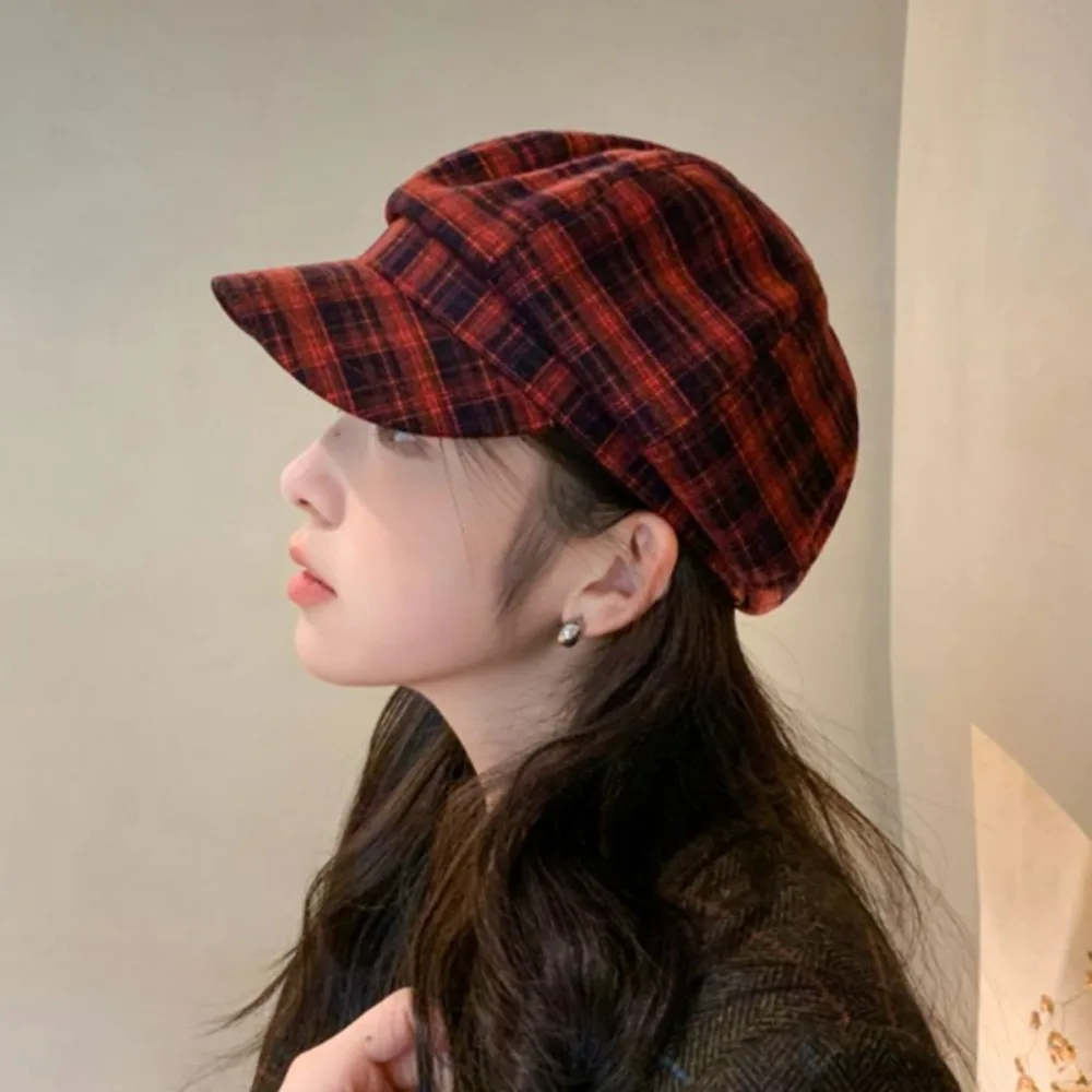 Forward Hat Cotton Plaid Cloud Cap Thin Polyester Grid Beret Cap Contrast Color Japanese Style Women Octagonal Hat School