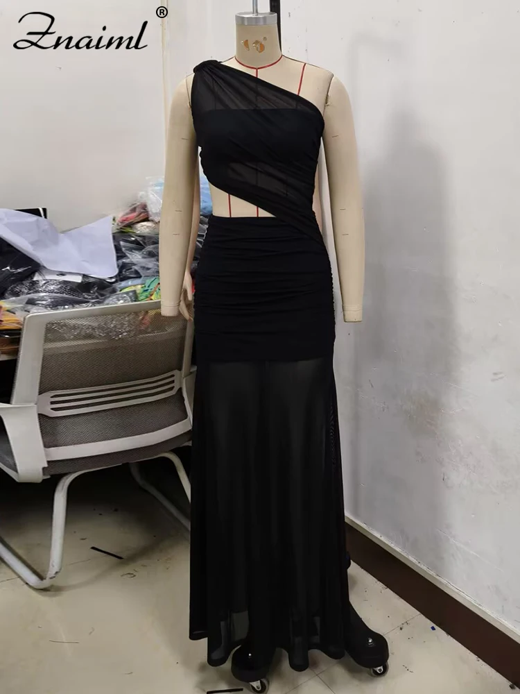 Znaiml Damska Seksowna Sukienka na Jedno Ramię Długa Wycięta z Rozcięciem Przezroczysta Siateczkowa Marszczona Suknia na Imprezę Urodzinową do Klubu Nocnego