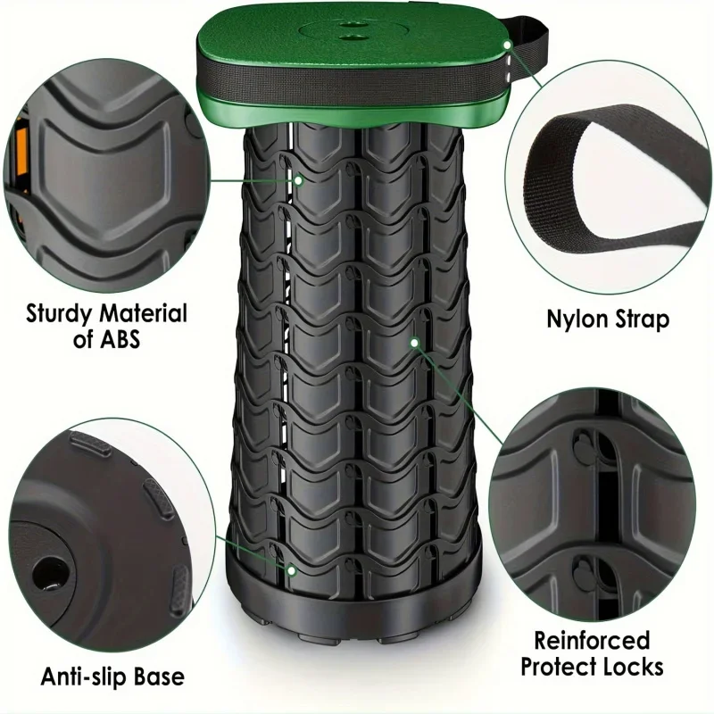 Adjustable Height Telescopic Folding Square Stool Portable Lightweight Outdoor Chair Sturdy Plastic Frame Green & Black
