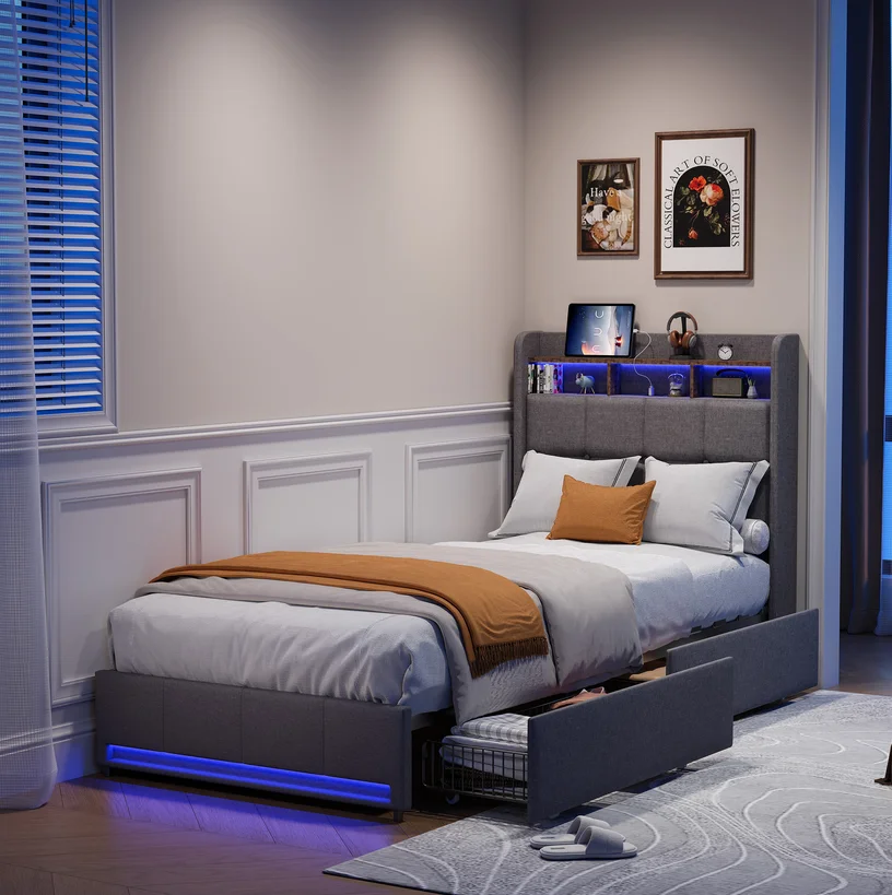 Letto per bambini 90 x 200 cm, Letto per ragazzi con 2 cassetti, Doghe in legno, Letto singolo, Letto con contenitore, Luce LED, Tessuto in lino
