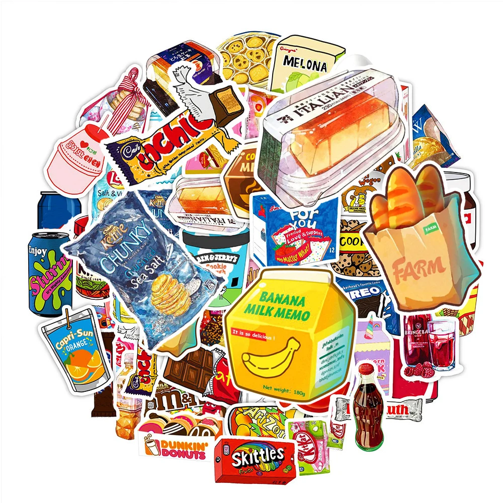 

10/30/50pcs INS Style Snacks Packing Food Drink Stickers Cartoon Creative Decals DIY Fridge Water Bottle Phone Cute Sticker Toys