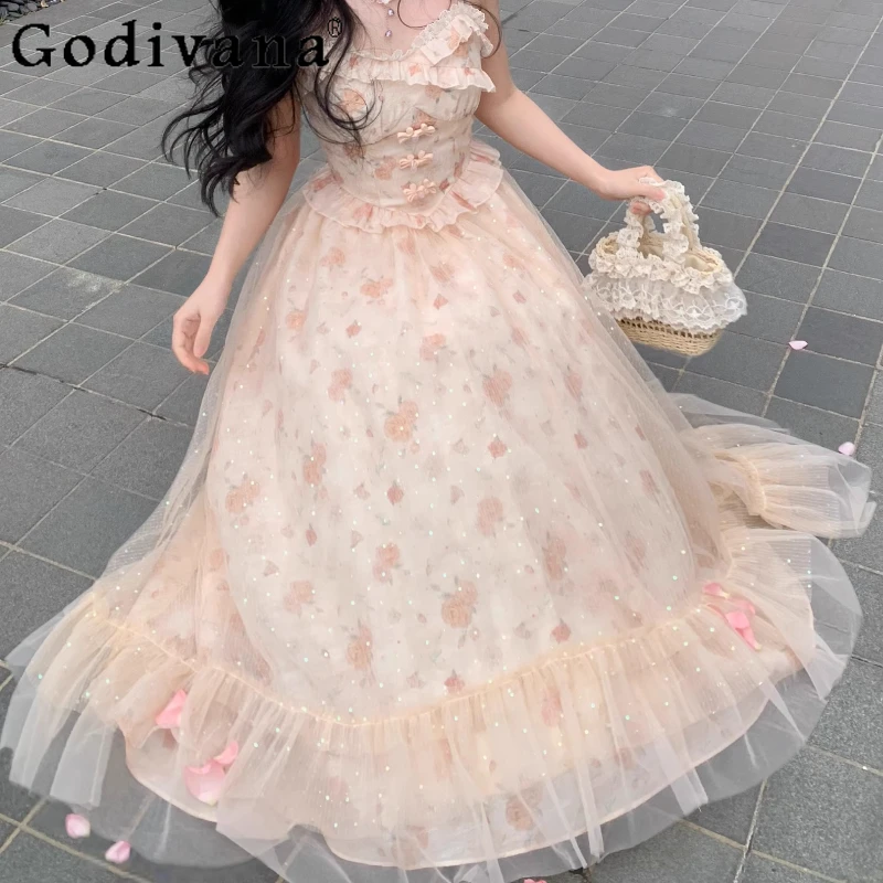 

L-4XL Large Size Elegant French Printed Lace Suspender Dress Women's Summer Sexy V-Neck Sequins High Waist A-line Long Dresses