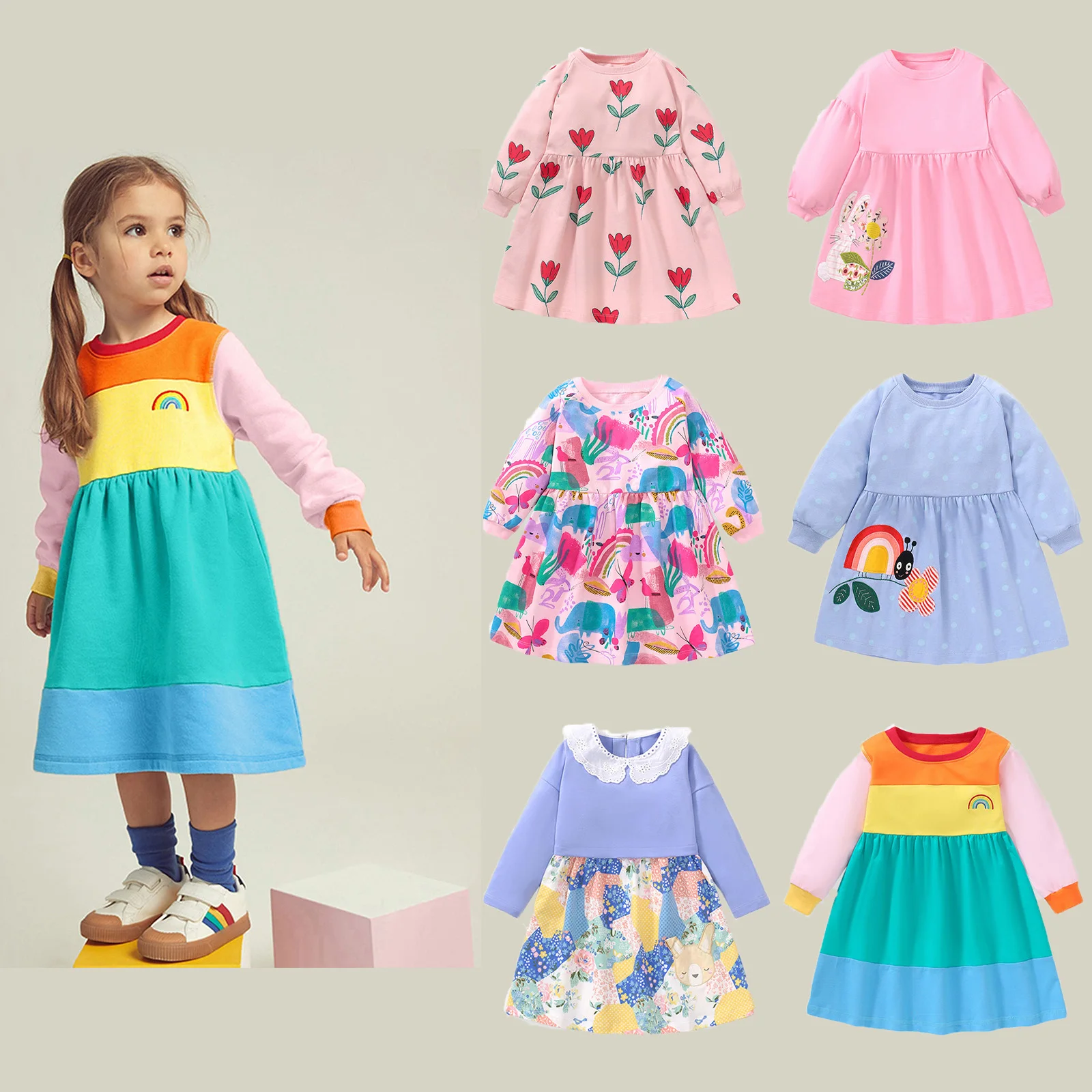 

1Pcs New Spring & Autumn Girls Cotton Dress Colourful Kids Princess Dress Casual Costumes Children Clothing Dresses 2-12 Years