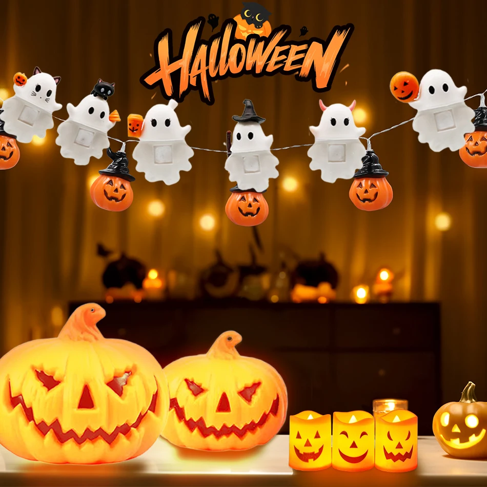 

2025 Хэллоуин Вечеринка Светодиодная Свеча Тыква Череп Призрак Маленькие Статуэтки Орнамент Жуткий Свет Декор Атмосфера Орнамент Подарки
