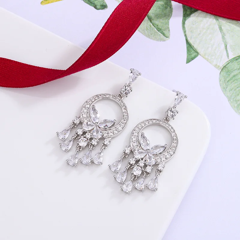

925 classic moissanite elegant and fashionable silver exaggerated long circle tassel water droplet pendant for women's wedding p