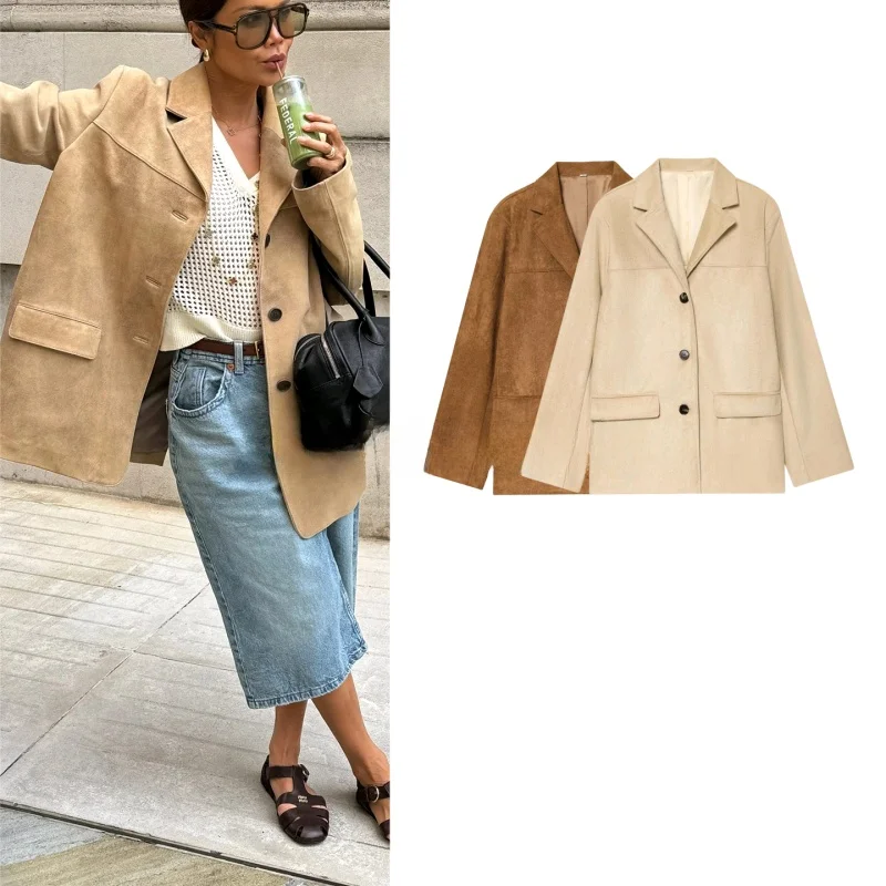 

Winter New Women's Commute Sle Loose Fit Long Sve Suede Texture Suit Jaet Double-Breasted Collar Outerwear Coat