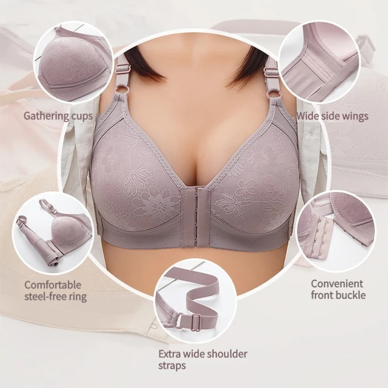 Large Size Thin Section Front Button Type Printing Bra Push Up In The Middle-aged Women\'s Underwear Without Steel Ring Fit Tops