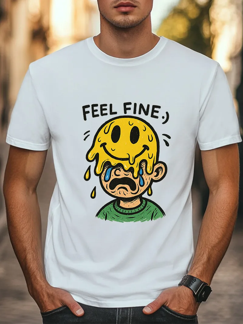 

Feel Fine Melting Smile Graphic 100% Cotton T-shirt Sad Happy Face Unisex Street Tshirt Unisex Soft Fashion Short Sleeve T-shirt