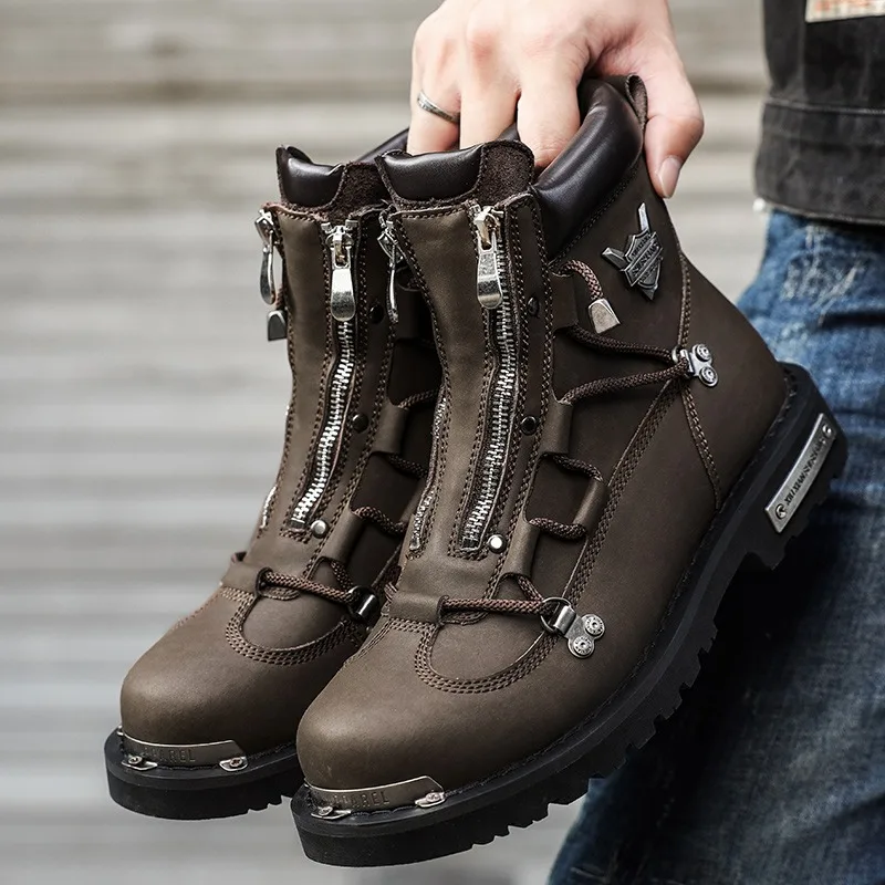 

Новые мужские кожаные ботинки высокого качества, трендовые мужские мотоциклетные ботинки, уличные нескользящие рабочие ботинки, удобные высокие ботинки на платформе