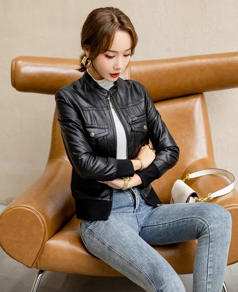 YOLANFAIRY الخريف جلد الغنم Bomber معطف المرأة سترة جلدية عالية الخصر ضئيلة قصيرة دراجة نارية سترة الإناث Roupas Femininas